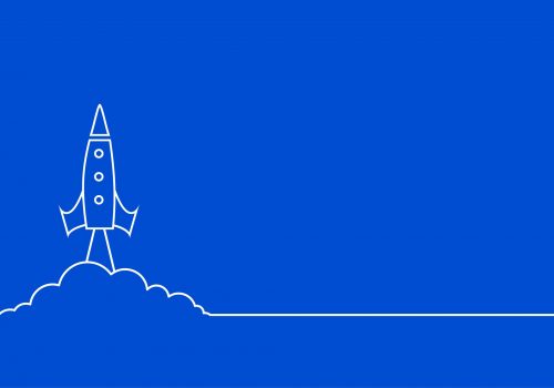 line style flying rocket blue background